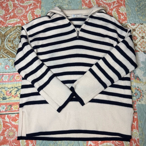 Babaton 2XS Cream and Navy Striped Merino Wool Sweater Preppy Quiet Luxury Soft - Picture 9 of 16
